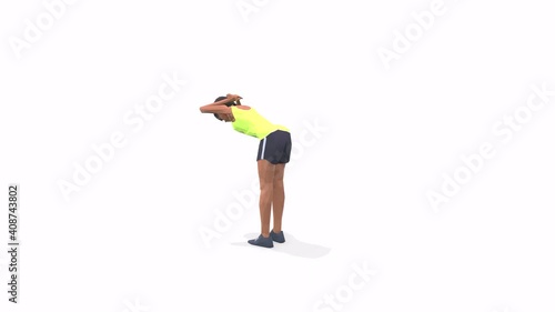 Woman exercise animation 3d model on a white background in the t-shirt. Low Poly Style
Turntable camera view.