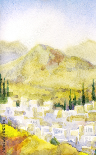 Canvas Print Watercolor landscape. Old city in a valley between the mountains
