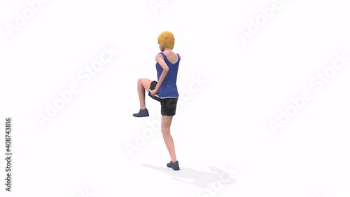 Woman exercise animation 3d model on a white background in the t-shirt. Low Poly Style
Turntable camera view.