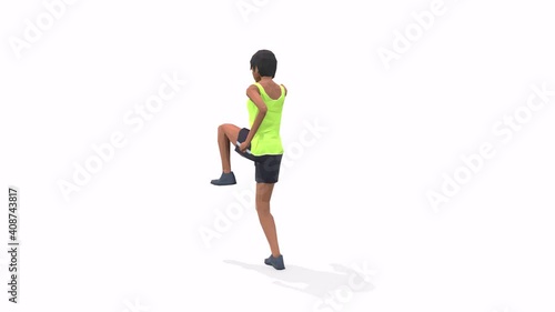 Woman exercise animation 3d model on a white background in the t-shirt. Low Poly Style
Turntable camera view.