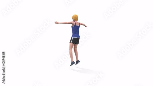 Woman exercise animation 3d model on a white background in the t-shirt. Low Poly Style
Turntable camera view.