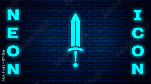 Glowing neon Medieval sword icon isolated on brick wall background. Medieval weapon. Vector.