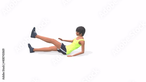 Woman exercise animation 3d model on a white background in the t-shirt. Low Poly Style
Turntable camera view.