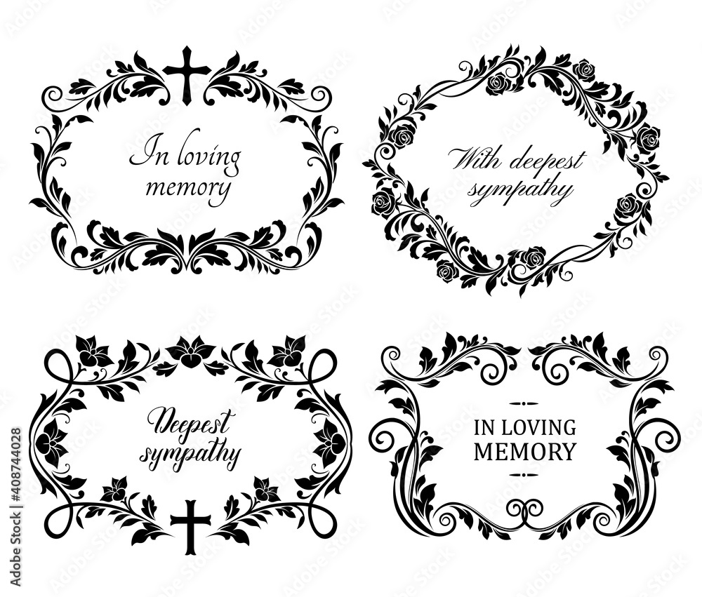 Funeral mourning frames with roses and lily flowers engraved arrangements. Funerary memorial plates borders with floral black ornaments and cross vector. Funeral borders with memorial condolences