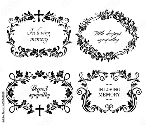 Funeral mourning frames with roses and lily flowers engraved arrangements. Funerary memorial plates borders with floral black ornaments and cross vector. Funeral borders with memorial condolences