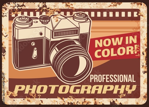 Photography metal plate rusty, retro photo camera, vector vintage poster. Photography studio of instant color film photos salon, sign or metal plate with rust