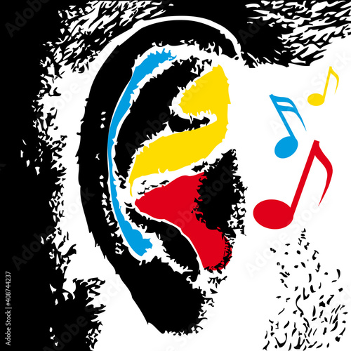 Affiche artistique d’une oreille musicale réalisée avec un collage de couleur bleu, jaune et rouge.