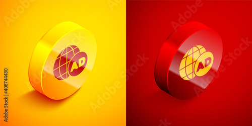 Isometric Advertising icon isolated on orange and red background. Concept of marketing and promotion process. Responsive ads. Social media advertising. Circle button. Vector. © Kostiantyn
