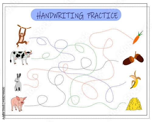 Handwriting practice sheet. Educational children's game. Line tracing for kids and toddlers.animal food, cow, monkey, pig, hare. Vector isolated on a white background