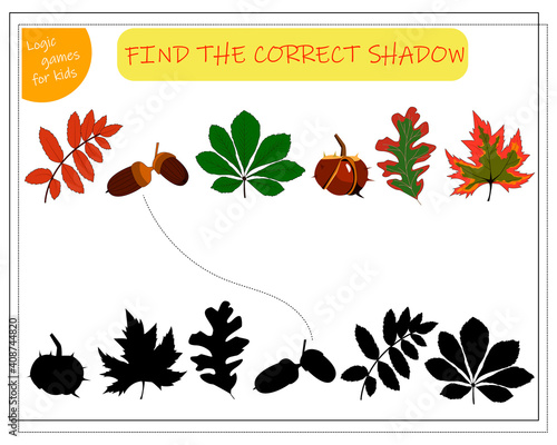 find a suitable shade for the leaves of the trees. maple, rowan, oak, chestnut, acorn. Vector illustration isolated on white background
