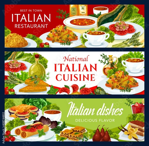 Italian cuisine vector risotto, tomato soup, pears in wine or caprese salad. Beef lasagna, vegetable cheese pmelette, pasta and coffee cake, stuffed cannelloni with fish, chicken salad food of Italy