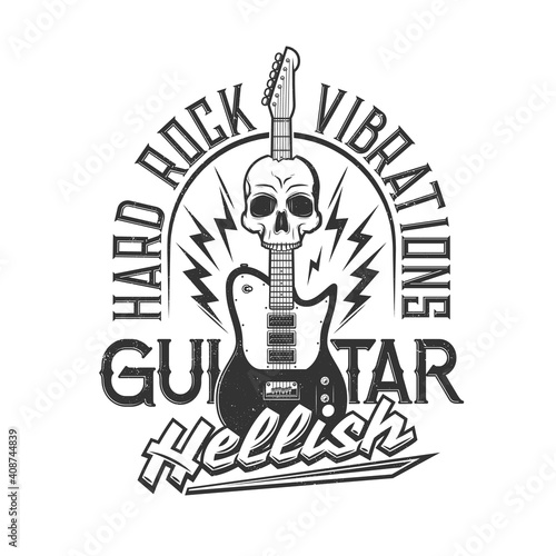 Guitar and skull vector mockup of t-shirt print. Hard rock music club or cafe custom apparel template with electric guitar, lightnings and skeleton head grunge badge with letterings