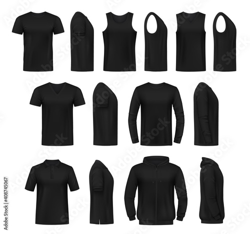 T-shirt, singlet and pullover, hoodie mockup. Black crew and v-neck tee shirts, long and short sleeves pullover and sweatshirt 3d realistic vectors. Mens casual clothing front and side view templates