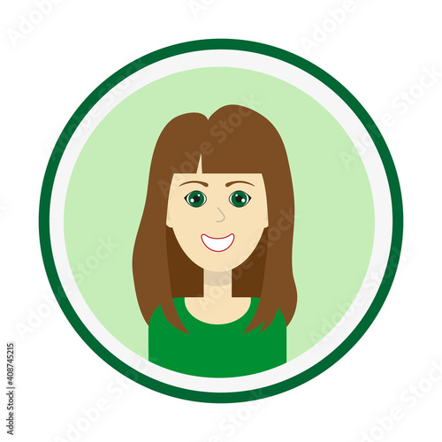 Female avatar. Cute woman’s portrait on green background. Smiling girl face with tresses brown long hair and forelock and green eyes. Isolated vector illustration.