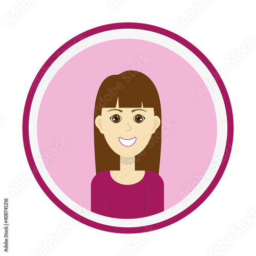 Female avatar. Cute woman’s portrait on pink background. Smiling girl face with tresses brown long hair and forelock and brown eyes. Isolated vector illustration.