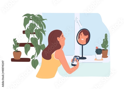 Upset young woman looking at her unhealthy skin with acne in mirror and comparing her face with retouched photo in social network. Colorful flat vector illustration isolated on white background