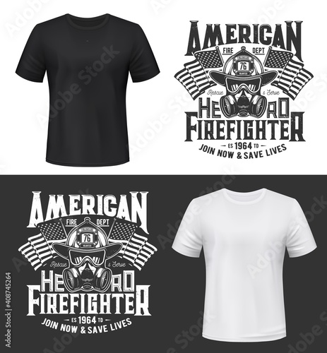 Tshirt print with firefighters gas mask, glasses, helmet and american flag. Vector apparel mockup. Fire department rescue team emergency service t shirt print design, isolated monochrome label, emblem