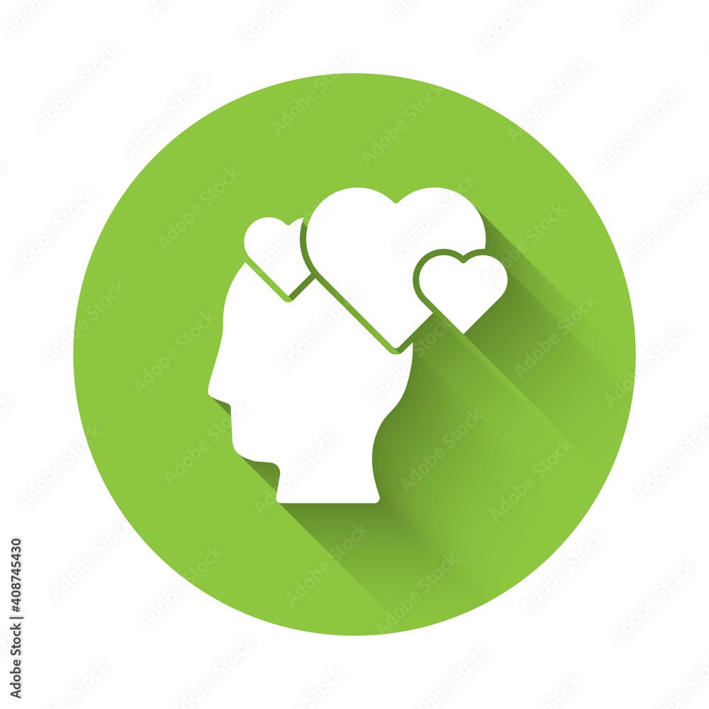 White Human head with heart icon isolated with long shadow. Love concept with human head. Green circle button. Vector. White Human head with heart icon isolated with long shadow. Love concept with human head. Green circle button. Vector.