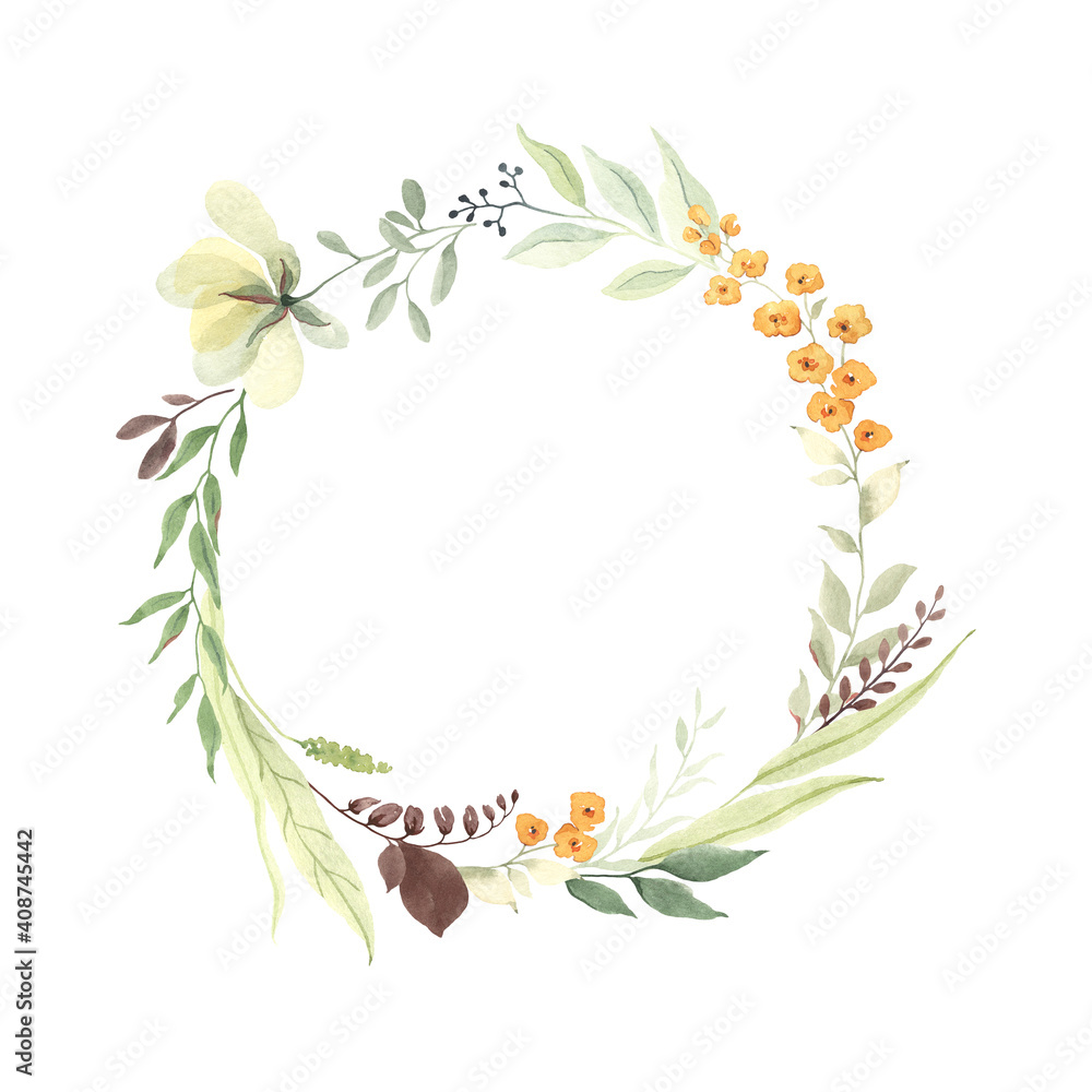 Floral circle frame with abstract wildflowers, branches and leaves. Watercolor illustration wreath for your text isolated on white background.