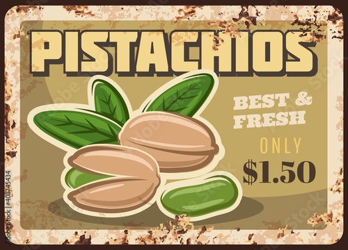 Pistachio nuts metal rusty plate, farm market sign with price, vector retro poster. Organic natural raw food and dessert snack nuts, farm market pistachio menu price, metal plate with rust