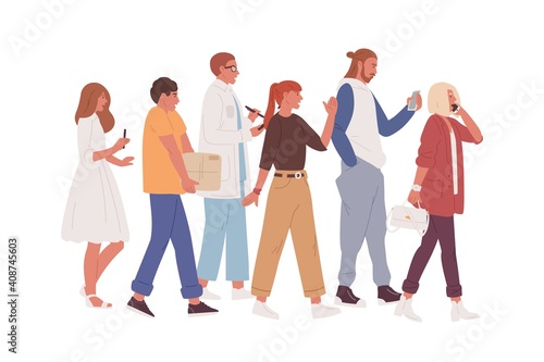 Hurrying busy people walking in rush and talking on phone, taking notes and working on the move. Modern fast lifestyle. Colorful flat vector illustration isolated on white background