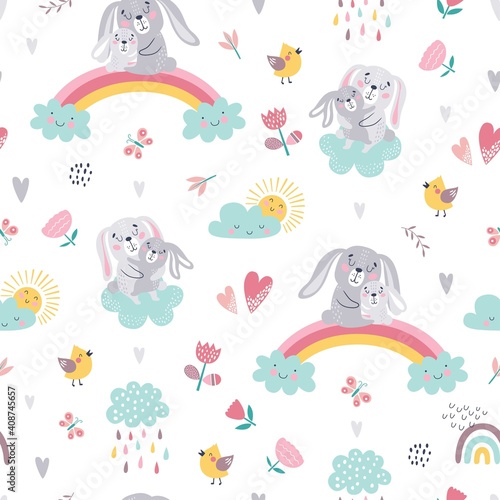 Fototapeta Seamless childish pattern of cute bunnies. Creative nursery texture. Perfect for kids design, fabric, wrapping, wallpaper, textile, apparel