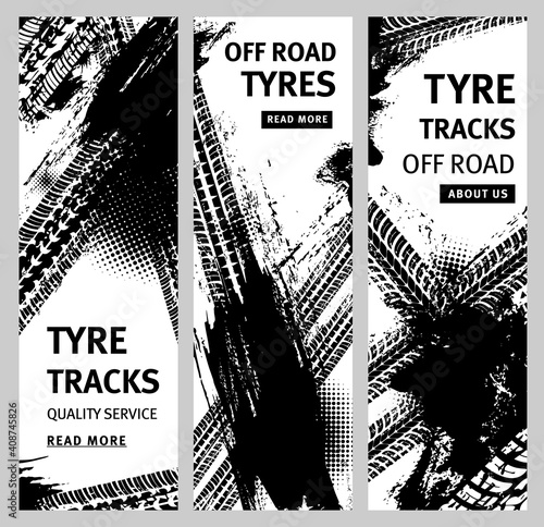 Tire tracks, car tyre print grunge vector banners with stained marks and spots. Auto service off road vehicle maintenance. Transportation dirty wheels trace monochrome pattern, graphic textured design