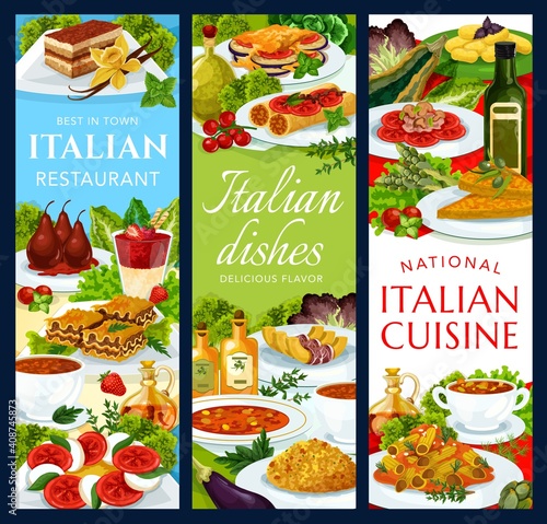 Italian cuisine vector vegetable cheese pmelette, strawberry cream dessert, tomato mushroom pasta. Ratatouille, coffee cake, stuffed cannelloni with fish, potato gnocchi, chicken salad food of Italy