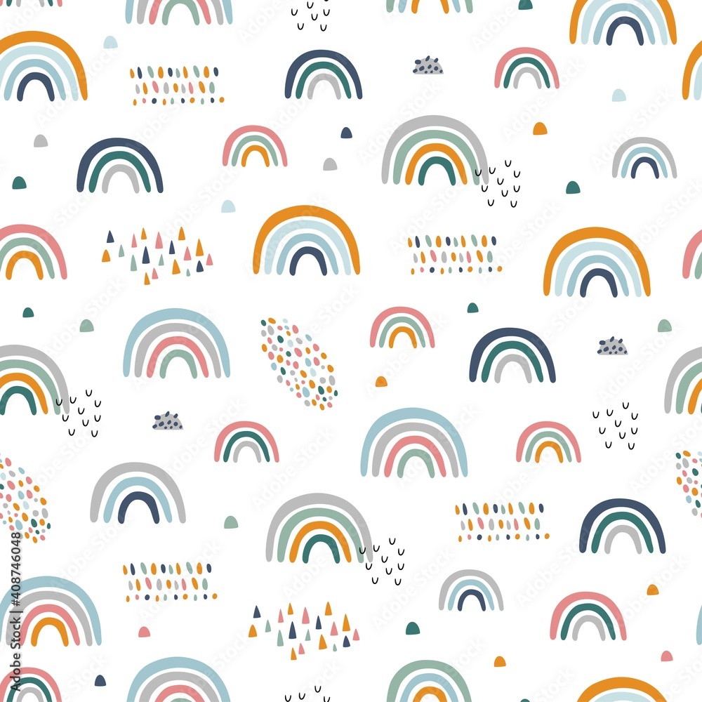Fototapeta Seamless childish pattern with hand drawn rainbows. Creative scandinavian kids texture for fabric, wrapping, textile, wallpaper, apparel. Vector illustration