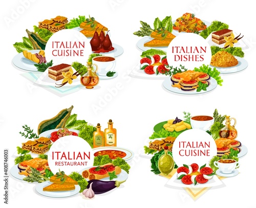 Italian cuisine vector turin soup, minestrone, risotto, melon with prashuto and spicy tomato soup. Pears in wine, caprese salad, coffee cake, stuffed cannelloni with fish, potato gnocchi food of Italy
