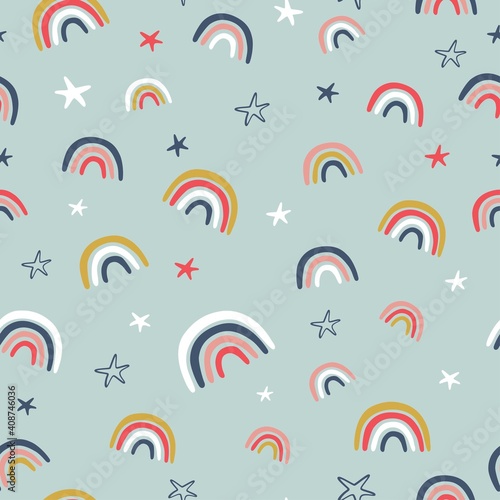 Seamless childish pattern with hand drawn rainbows. Creative scandinavian kids texture for fabric, wrapping, textile, wallpaper, apparel. Vector illustration