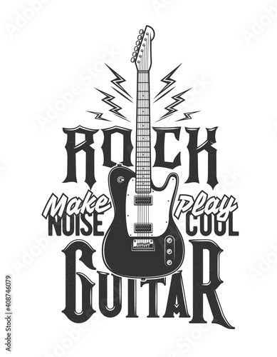 Tshirt print with electric guitar and flashes, vector emblem for music band apparel design. T shirt print with typography make noise play cool. Isolated monochrome label with amp, electrical discharge