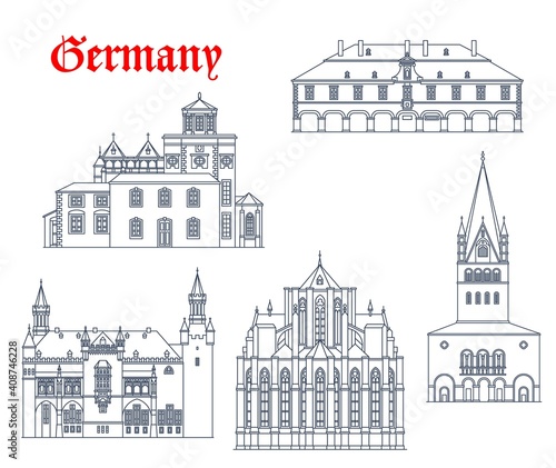 Germany landmark buildings and travel icons, Aachen churches architecture vector icons. Germany landmarks of Soest rathaus and Altneberg cathedral, Bergischer Dom and St Kornelius and Patrokli church