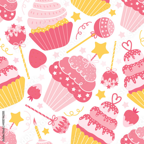 Seamless pattern of different pink sweets on a white background. Cake, cupcakes, muffins, lollipops, strawberries with cream. Festive design for birthday, wedding, anniversary. Vector illustration.