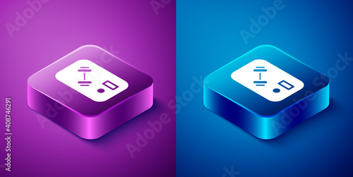 Isometric Fitness club, gym card icon isolated on blue and purple background. Square button. Vector.