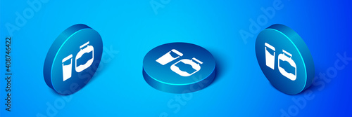 Isometric Sports nutrition bodybuilding proteine power drink and food icon isolated on blue background. Blue circle button. Vector.