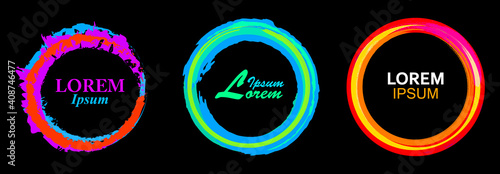 Set of vector brush stroke, splash watercolor circle rings with sample text isolated on black background