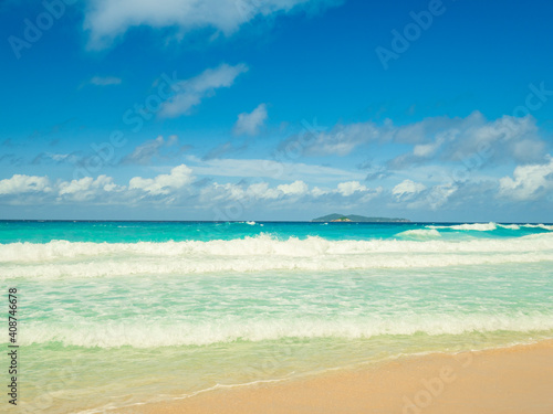 Fototapeta Naklejka Na Ścianę i Meble -  Scenic views of the Anse Georgette paradise beach on the west coast of Praslin Island in the Seychelles 