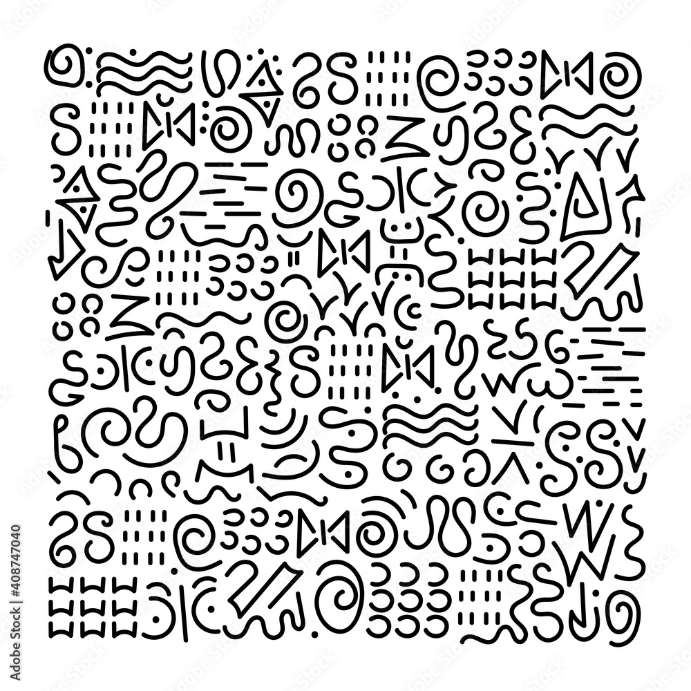 Hand drawn Doodle pattern. Abstract signs and elements, ancient writing. Monochrome vector background