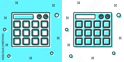 Black line Drum machine music producer equipment icon isolated on green and white background. Random dynamic shapes. Vector.