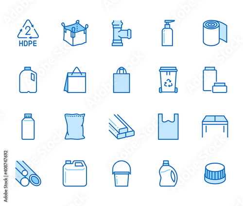 High density polyethylene flat line icons. HDPE products - jerry can, plastic canister, pipes, milk jug, garbage container vector illustrations. Thin signs of packaging. Blue color, Editable Stroke