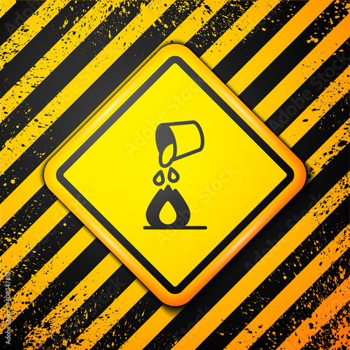 Black Water bucket extinguishing a fire icon isolated on yellow background. Warning sign. Vector.