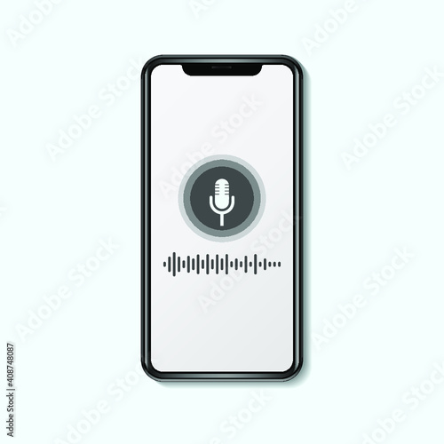 Personal assistant and voice recognition on mobile app. Smartphone with microphone button on screen and voice and sound imitation lines