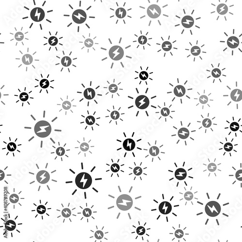 Black Solar energy panel icon isolated seamless pattern on white background. Sun with lightning symbol. Vector.