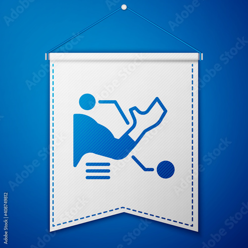 Blue Prosthesis hand icon isolated on blue background. Futuristic concept of bionic arm, robotic mechanical hand. White pennant template. Vector.