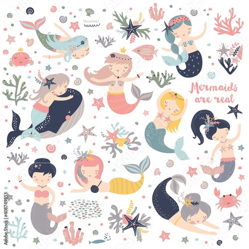 Mermaid vector set with cute characters isolated on white background Sea collection