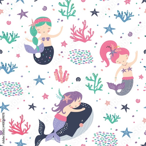 Seamless childish pattern with cute mermaids. Creative kids texture for fabric, wrapping, textile, wallpaper, apparel. Vector illustration