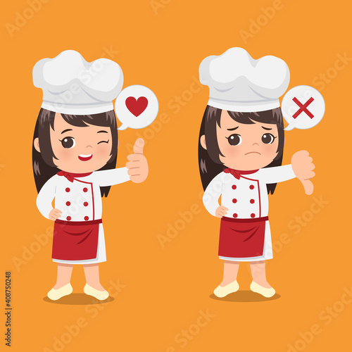 Cute girl chef showing gesture of thumb up and down as a sign of approval vs disapproval. Cartoon clip art flat vector design