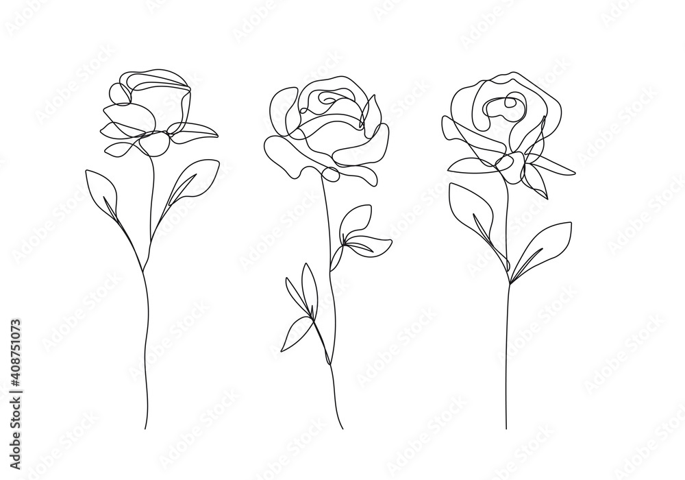 Fototapeta Ciągłe rysowanie linii zestaw róż czarny szkic kwiatów na białym tle. Kwiaty jeden wiersz ilustracja. Zestaw minimalistycznych nadruków. wektor eps 10.