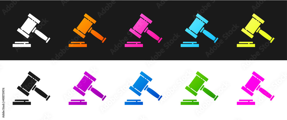 Set Judge gavel icon isolated on black and white background. Gavel for adjudication of sentences and bills, court, justice. Auction hammer. Vector. Set Judge gavel icon isolated on black and white background. Gavel for adjudication of sentences and bills, court, justice. Auction hammer. Vector.